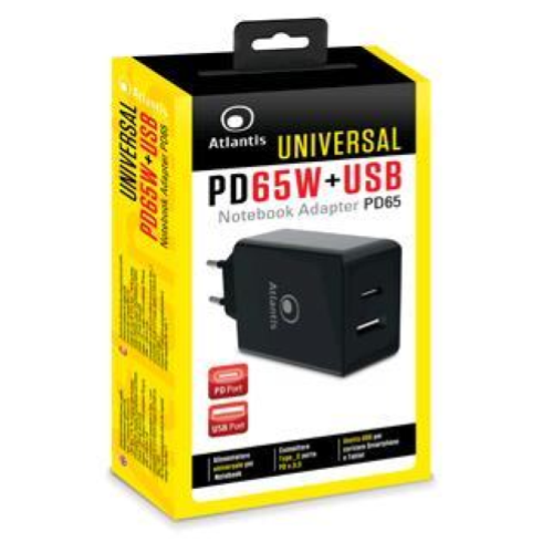 Atlantis Powernote - Alimentatore - universale - 65 Watt - 4 A - PD 3.0, QC 3.0, PD/PPS - 2 connettori di uscita (USB, 24 pin USB-C)